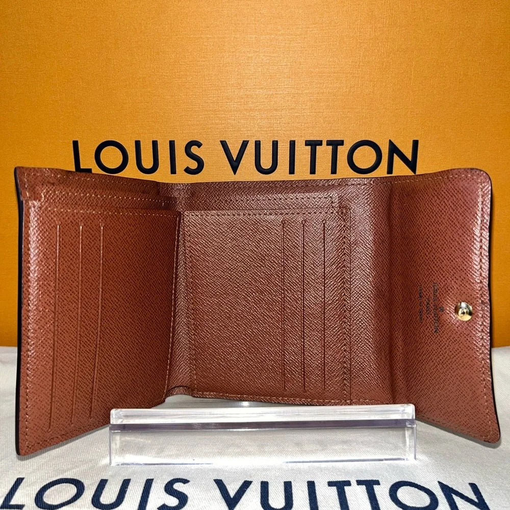Authentic Louis Vuitton Brown Monogram Canvas Compact Wallet with Gold Button